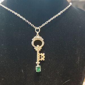 Gold Key Pendant with Green Gemstone upcycled Chain. #60